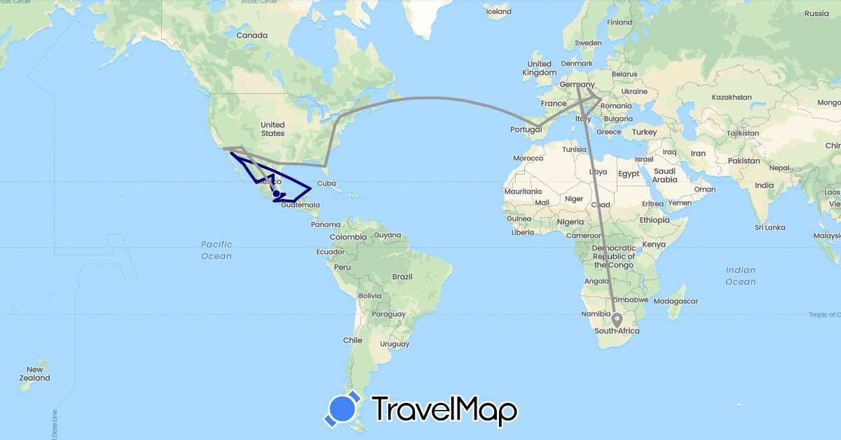 TravelMap itinerary: driving, plane in Austria, Czech Republic, Germany, Spain, Hungary, Italy, Mexico, Slovakia, United States (Europe, North America)